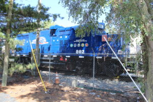 Elkhart & Western Railroad locomotive 802 displaying its veterans tribute paint scheme in Elkhart, Indiana.